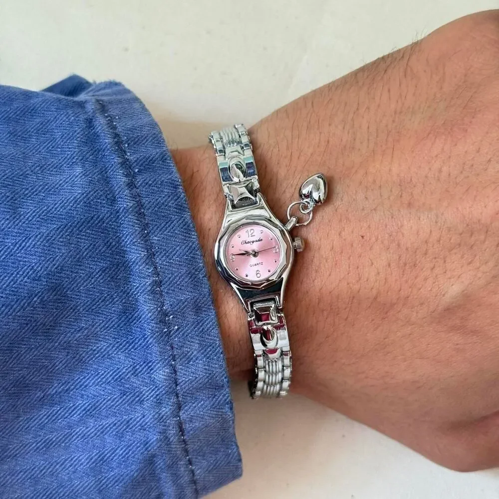 y2k silver cute round stainless steel quartz watch
